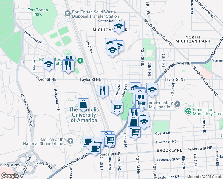 map of restaurants, bars, coffee shops, grocery stores, and more near 4000 8th Street Northeast in Washington