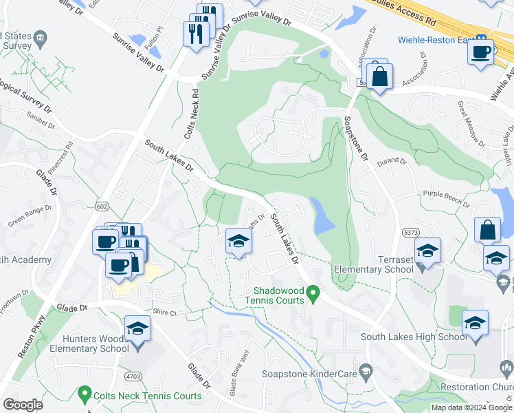 map of restaurants, bars, coffee shops, grocery stores, and more near 2110 Cartwright Place in Reston