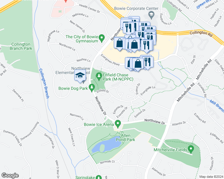 map of restaurants, bars, coffee shops, grocery stores, and more near 3709 Edmond Way in Bowie