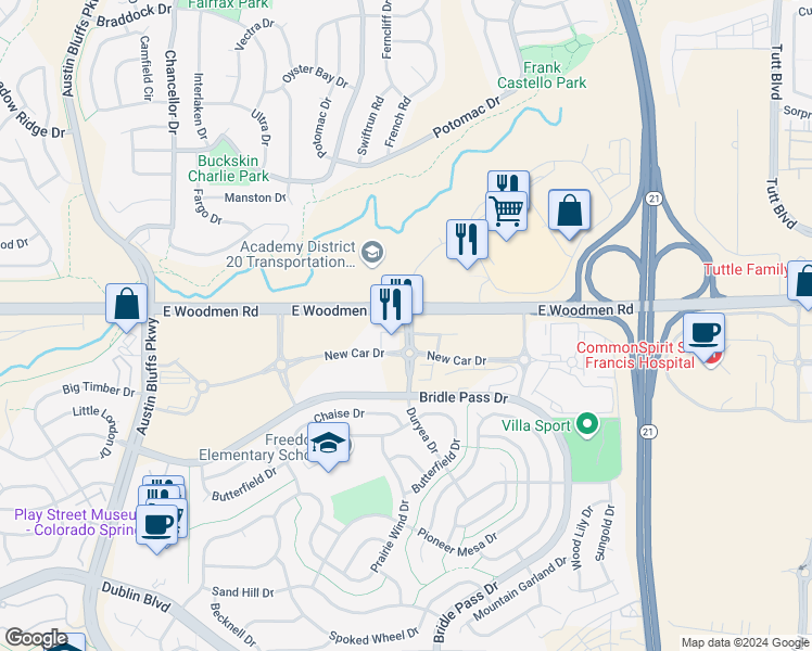 map of restaurants, bars, coffee shops, grocery stores, and more near 7375 Duryea Drive in Colorado Springs