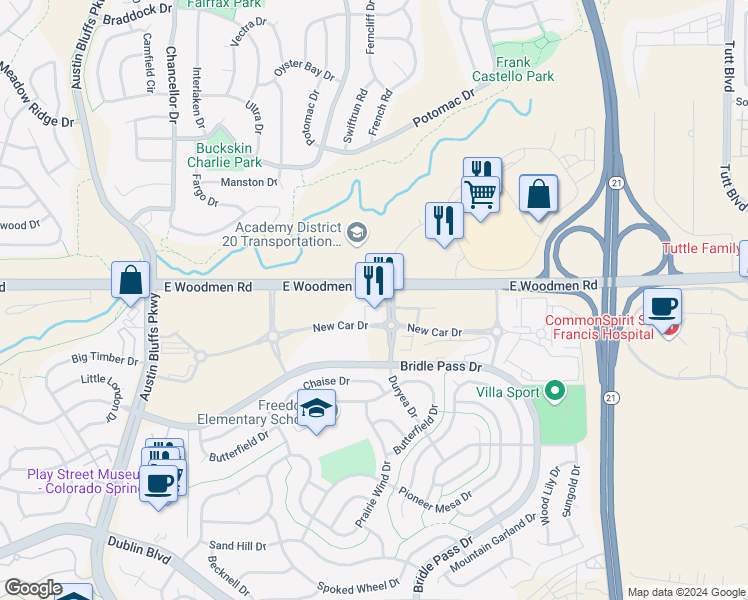 map of restaurants, bars, coffee shops, grocery stores, and more near 7390 Duryea Drive in Colorado Springs