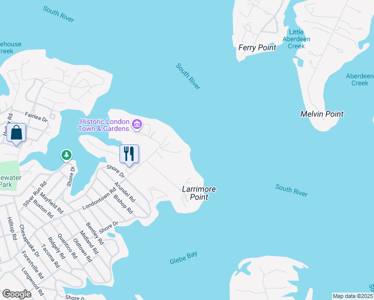 map of restaurants, bars, coffee shops, grocery stores, and more near 1512 Londontown Court in Edgewater
