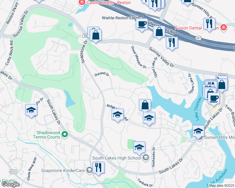 map of restaurants, bars, coffee shops, grocery stores, and more near 2054 Eakins Court in Reston