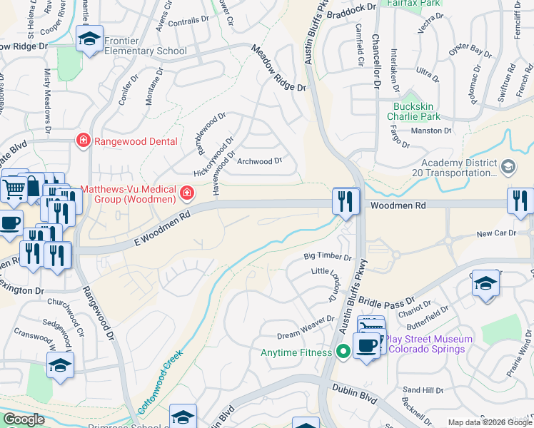 map of restaurants, bars, coffee shops, grocery stores, and more near E Woodmen Rd in Colorado Springs