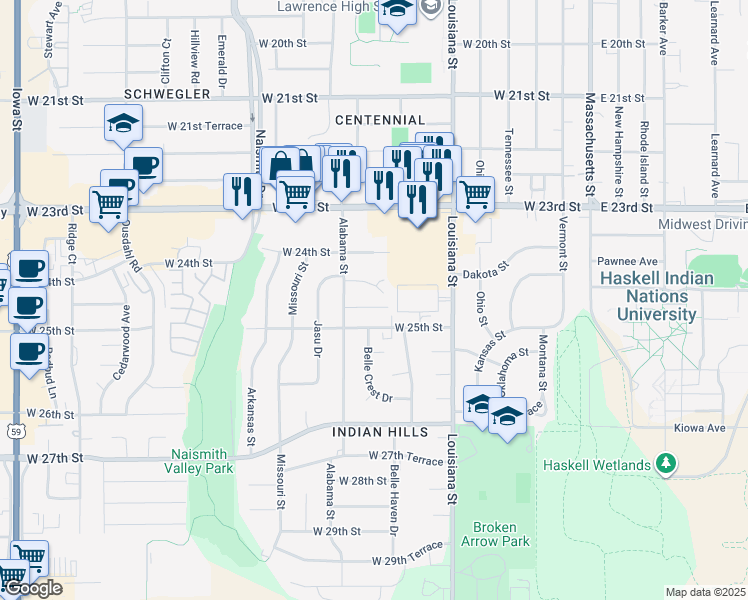 map of restaurants, bars, coffee shops, grocery stores, and more near 2406 Alabama Street in Lawrence
