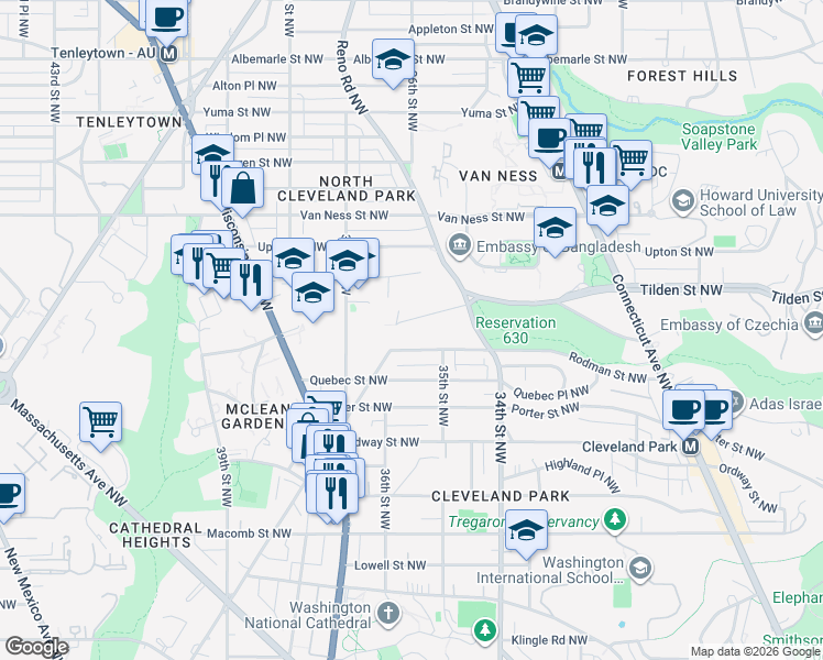 map of restaurants, bars, coffee shops, grocery stores, and more near 3536 Springland Lane Northwest in Washington
