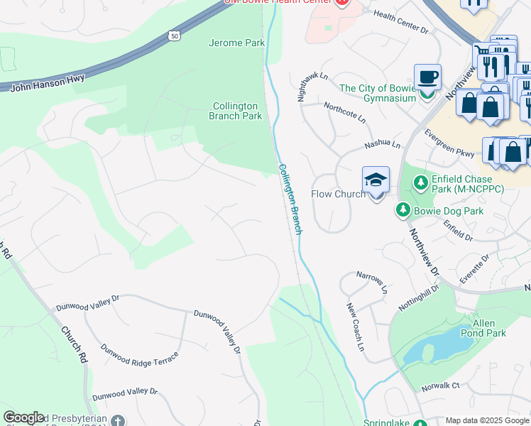 map of restaurants, bars, coffee shops, grocery stores, and more near 14606 Dewey Ridge Court in Bowie