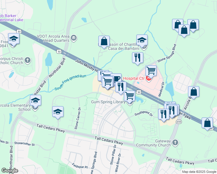 map of restaurants, bars, coffee shops, grocery stores, and more near 24521 Glenville Grove Terrace in Aldie