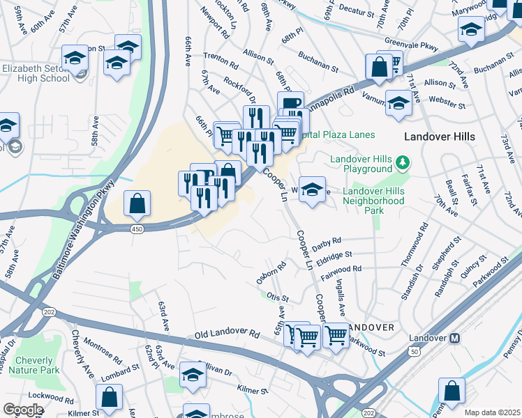 map of restaurants, bars, coffee shops, grocery stores, and more near 4015 Meadow Trail Lane in Hyattsville