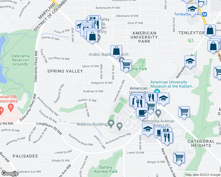 map of restaurants, bars, coffee shops, grocery stores, and more near 3810 47th Street Northwest in Washington