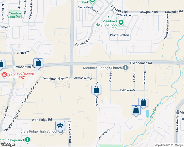 map of restaurants, bars, coffee shops, grocery stores, and more near 7405 Horseshoe Road in Colorado Springs