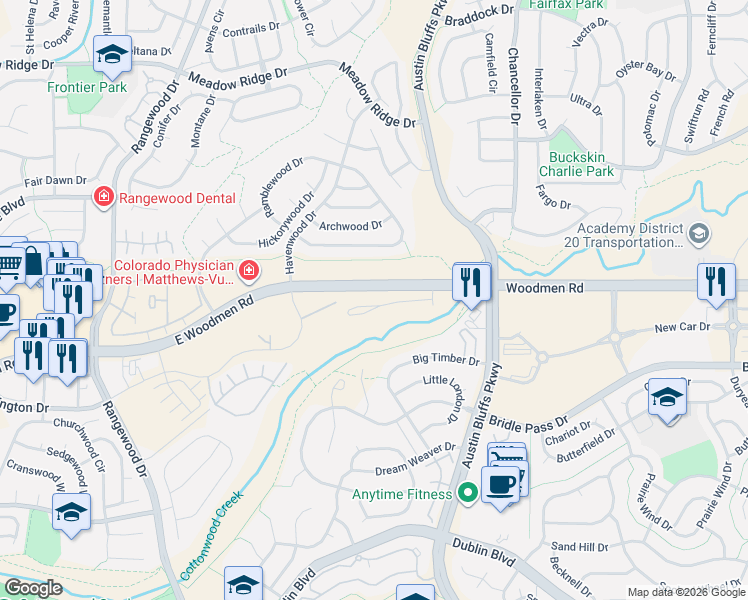 map of restaurants, bars, coffee shops, grocery stores, and more near E Woodmen Rd in Colorado Springs