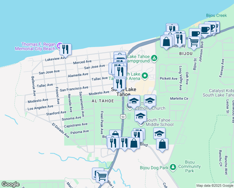 map of restaurants, bars, coffee shops, grocery stores, and more near in South Lake Tahoe
