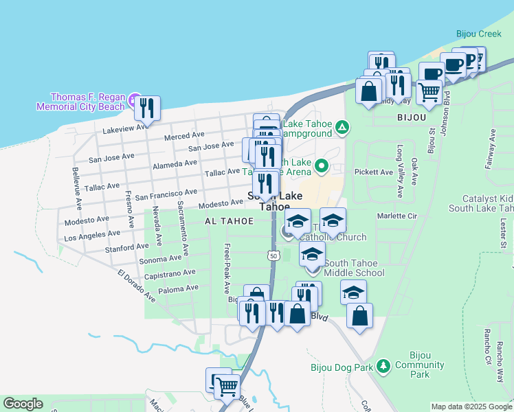 map of restaurants, bars, coffee shops, grocery stores, and more near 953 Modesto Avenue in South Lake Tahoe