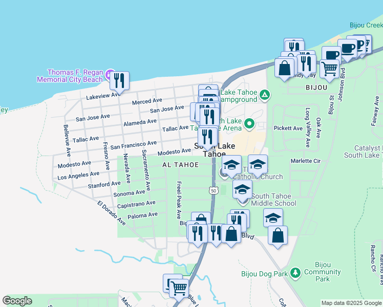 map of restaurants, bars, coffee shops, grocery stores, and more near 953 Modesto Avenue in South Lake Tahoe