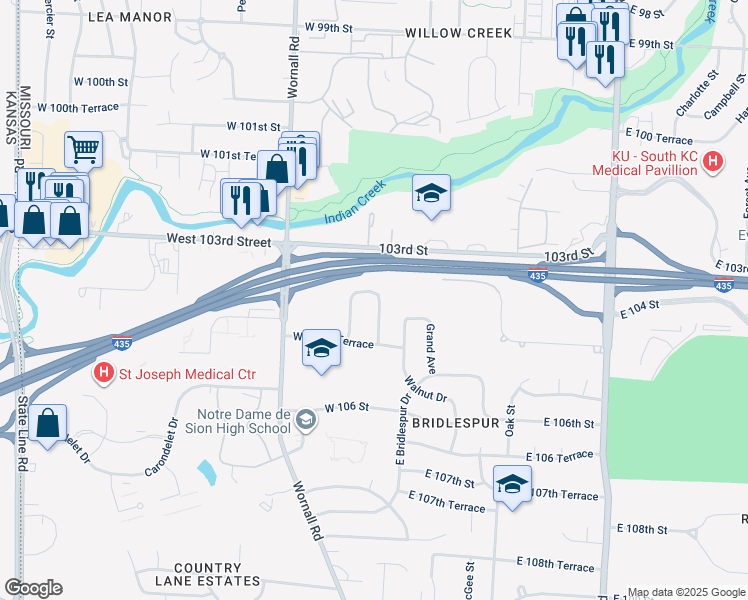 map of restaurants, bars, coffee shops, grocery stores, and more near 108 West 104th Street in Kansas City