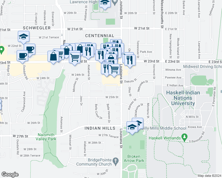 map of restaurants, bars, coffee shops, grocery stores, and more near 2408 Alabama Street in Lawrence
