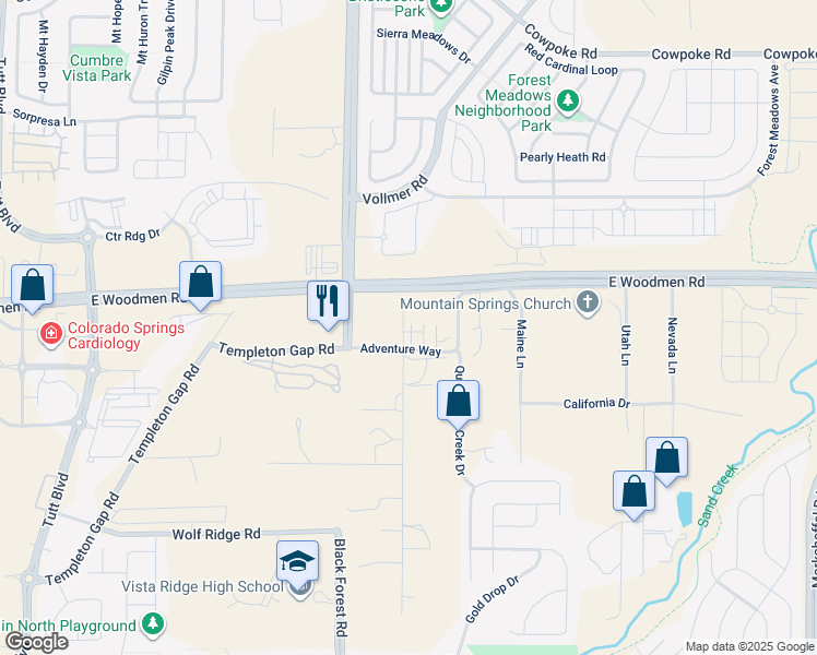 map of restaurants, bars, coffee shops, grocery stores, and more near 7405 Horseshoe Road in Colorado Springs