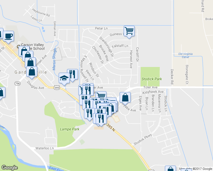 map of restaurants, bars, coffee shops, grocery stores, and more near 1341 East Marion Russell Drive in Gardnerville