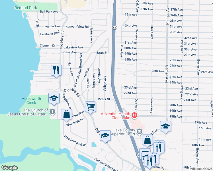 map of restaurants, bars, coffee shops, grocery stores, and more near 6029 Vallejo Avenue in Clearlake