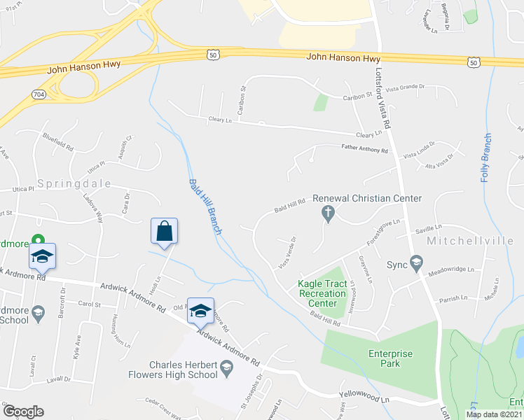 map of restaurants, bars, coffee shops, grocery stores, and more near 9803 Bald Hill Rd in Bowie