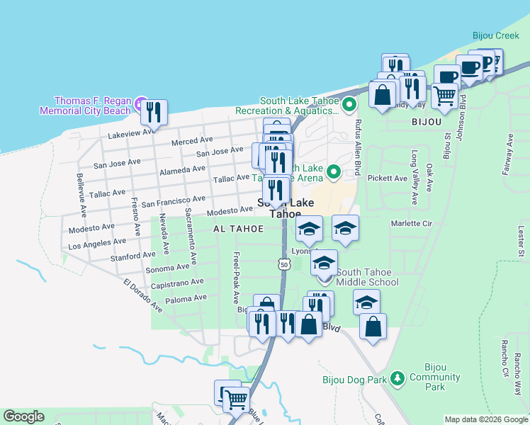 map of restaurants, bars, coffee shops, grocery stores, and more near 953 Modesto Avenue in South Lake Tahoe