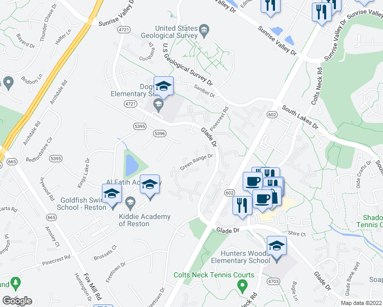 map of restaurants, bars, coffee shops, grocery stores, and more near 2272 Covent Gardens Court in Reston