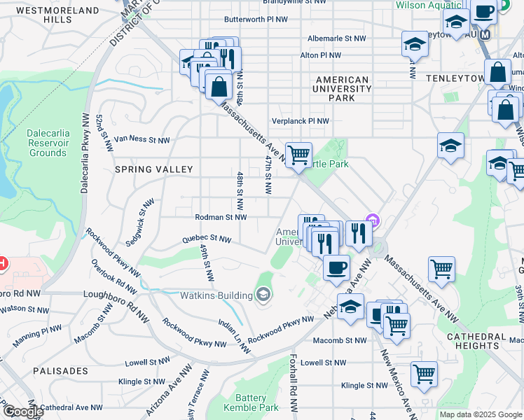 map of restaurants, bars, coffee shops, grocery stores, and more near 3810 47th Street Northwest in Washington