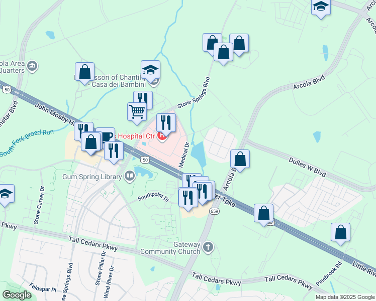map of restaurants, bars, coffee shops, grocery stores, and more near 24490 Gum Spring Road in Sterling