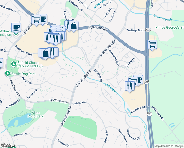 map of restaurants, bars, coffee shops, grocery stores, and more near 3710 Excalibur Court in Bowie