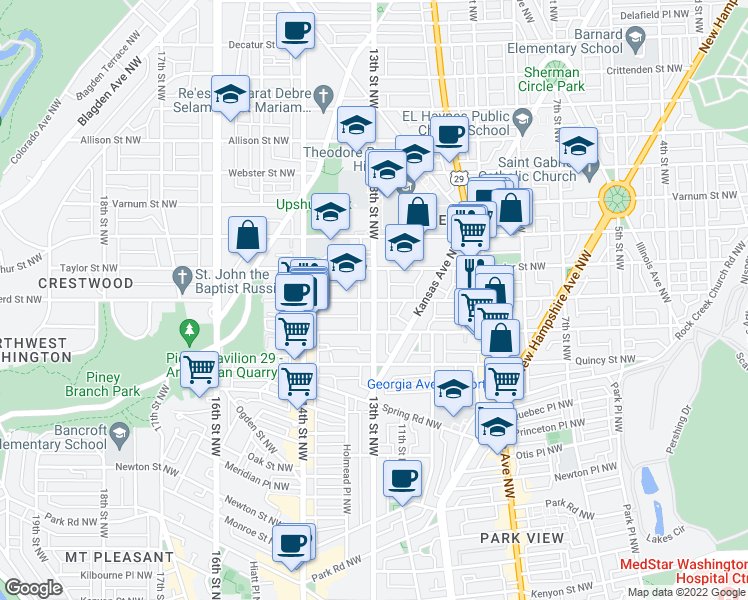 map of restaurants, bars, coffee shops, grocery stores, and more near 13th St NW & Shepherd St NW in Washington