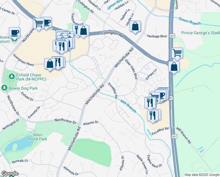 map of restaurants, bars, coffee shops, grocery stores, and more near 3714 Excalibur Court in Bowie