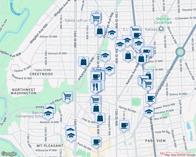 map of restaurants, bars, coffee shops, grocery stores, and more near 14th Street Northwest & Shepherd Street Northwest in Washington