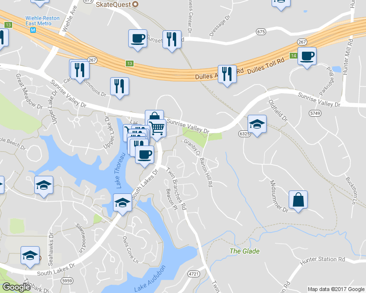 map of restaurants, bars, coffee shops, grocery stores, and more near 11029 Barton Hill Court in Reston