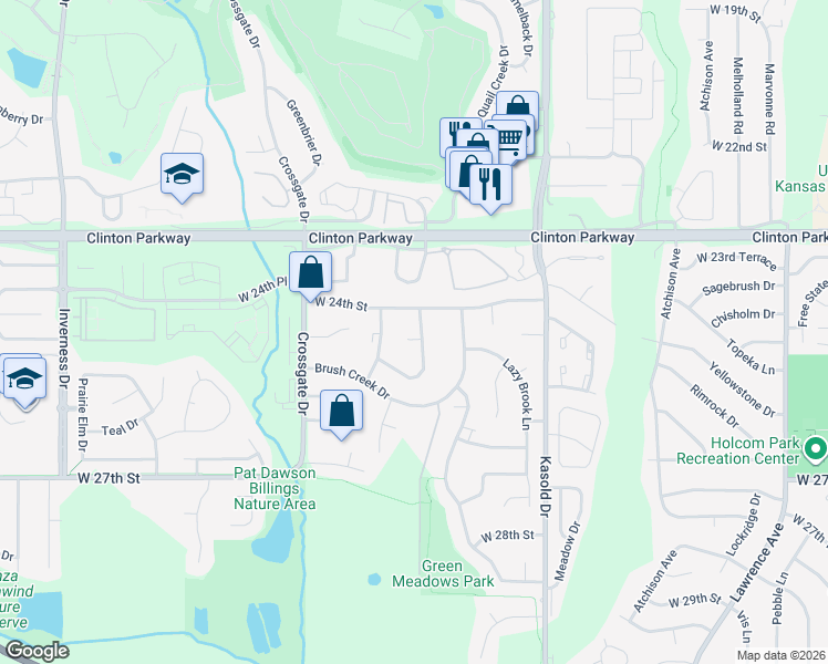 map of restaurants, bars, coffee shops, grocery stores, and more near 2405 Brookside Drive in Lawrence
