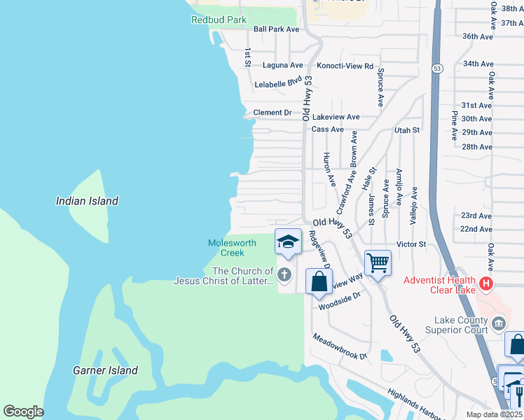 map of restaurants, bars, coffee shops, grocery stores, and more near 5935 Old Highway 53 in Clearlake