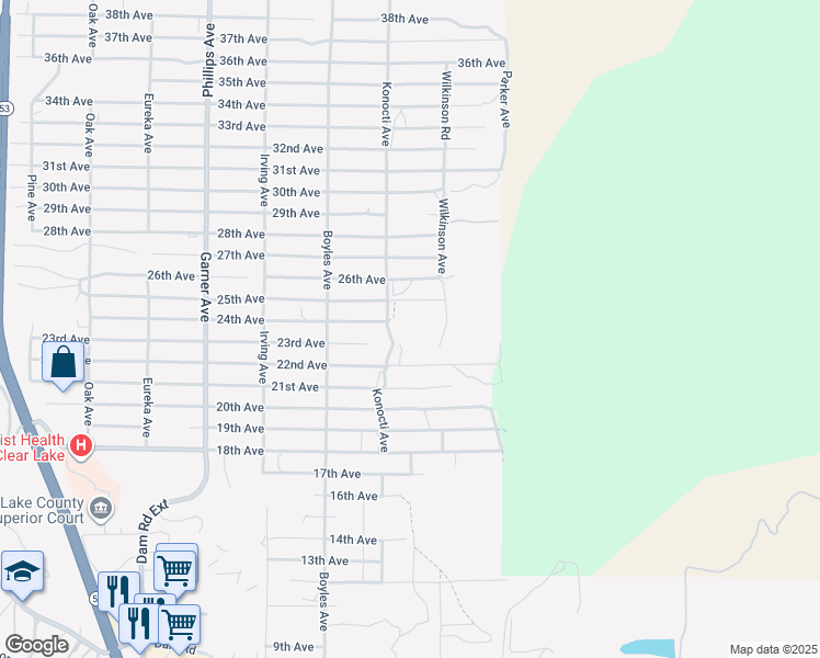 map of restaurants, bars, coffee shops, grocery stores, and more near 16293 24th Avenue in Clearlake