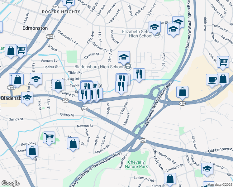 map of restaurants, bars, coffee shops, grocery stores, and more near 5632 Annapolis Road in Bladensburg