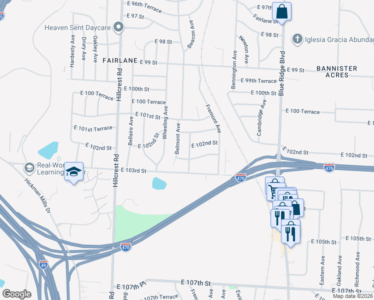 map of restaurants, bars, coffee shops, grocery stores, and more near 10200 Beacon Avenue in Kansas City