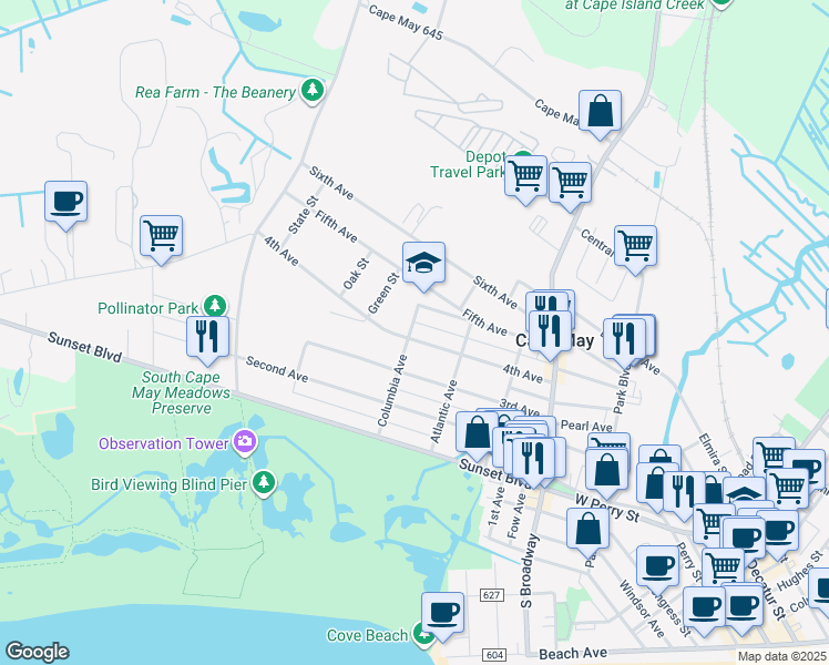 map of restaurants, bars, coffee shops, grocery stores, and more near 339 4th Avenue in West Cape May