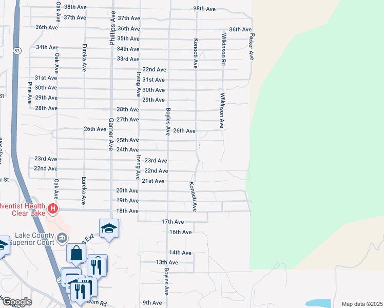 map of restaurants, bars, coffee shops, grocery stores, and more near 16233 24th Avenue in Clearlake