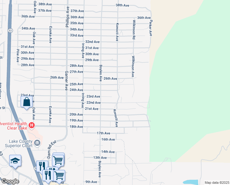 map of restaurants, bars, coffee shops, grocery stores, and more near 16233 24th Avenue in Clearlake