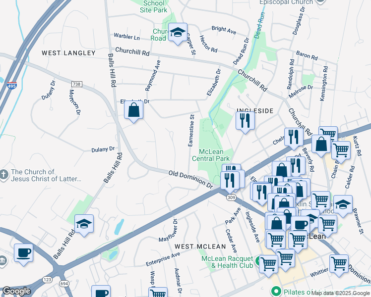 map of restaurants, bars, coffee shops, grocery stores, and more near 1234 Earnestine Street in McLean