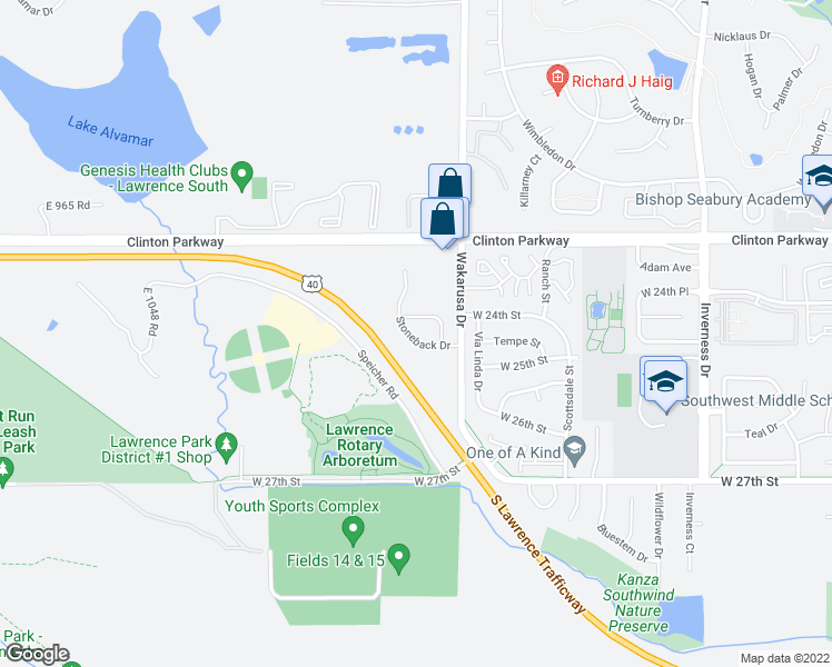map of restaurants, bars, coffee shops, grocery stores, and more near 4928 Stoneback Drive in Lawrence