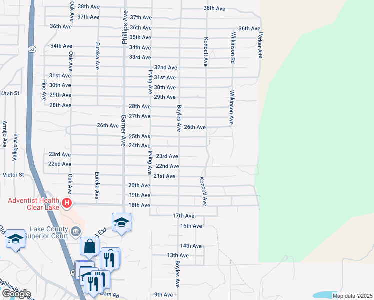 map of restaurants, bars, coffee shops, grocery stores, and more near 16163 24th Avenue in Clearlake