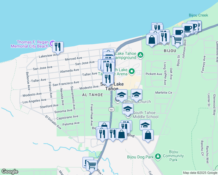 map of restaurants, bars, coffee shops, grocery stores, and more near in South Lake Tahoe