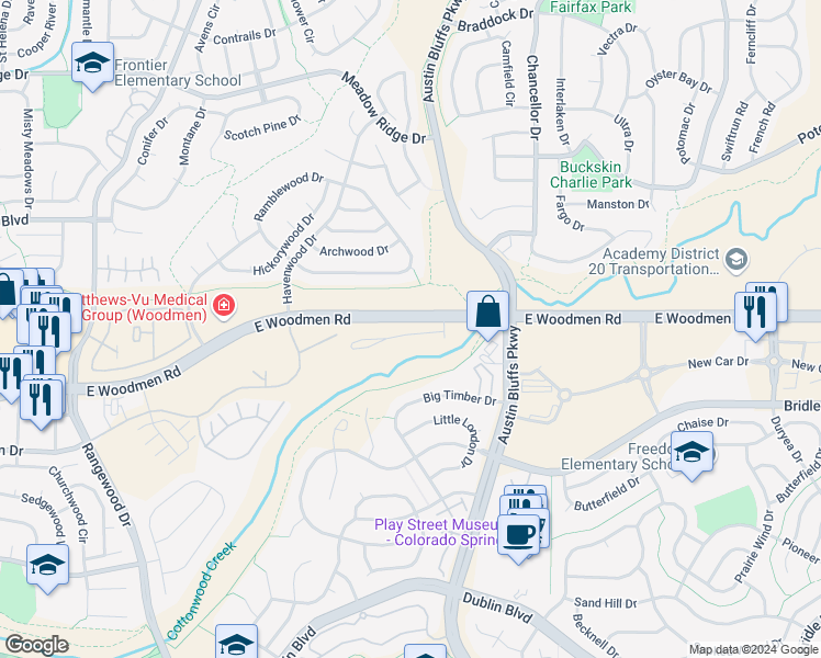 map of restaurants, bars, coffee shops, grocery stores, and more near 4485 Ramblewood Drive in Colorado Springs