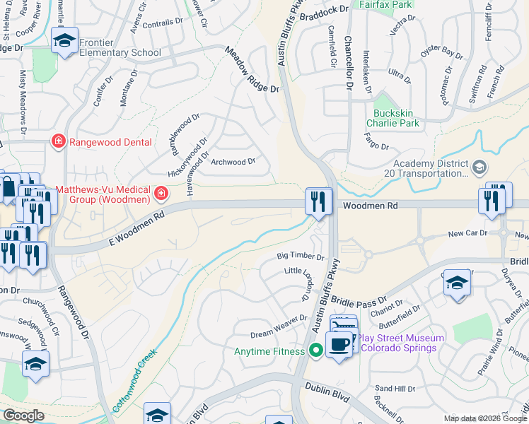 map of restaurants, bars, coffee shops, grocery stores, and more near 4485 Ramblewood Drive in Colorado Springs