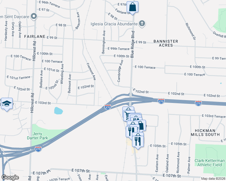 map of restaurants, bars, coffee shops, grocery stores, and more near 10146 Bennington Avenue in Kansas City