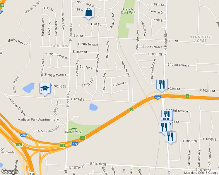 map of restaurants, bars, coffee shops, grocery stores, and more near 10200 Beacon Avenue in Kansas City